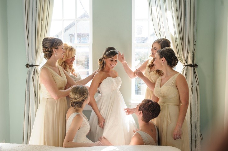 Image of a bridal party getting ready before a wedding. 